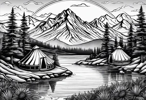 mountains, road, lake, yurt, sun tattoo idea