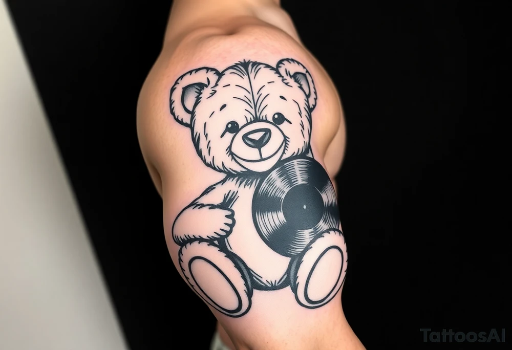 minimalist teddy bear smiling and holding a vinyl record tattoo idea minimalist teddy bear smiling and holding a vinyl record tattoo idea