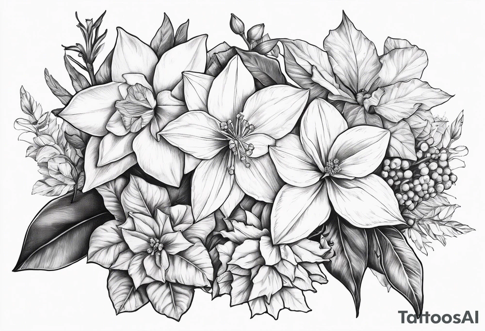Narcissus, Poinsettia, Holly, Gladiolus, Poppy tattoo idea