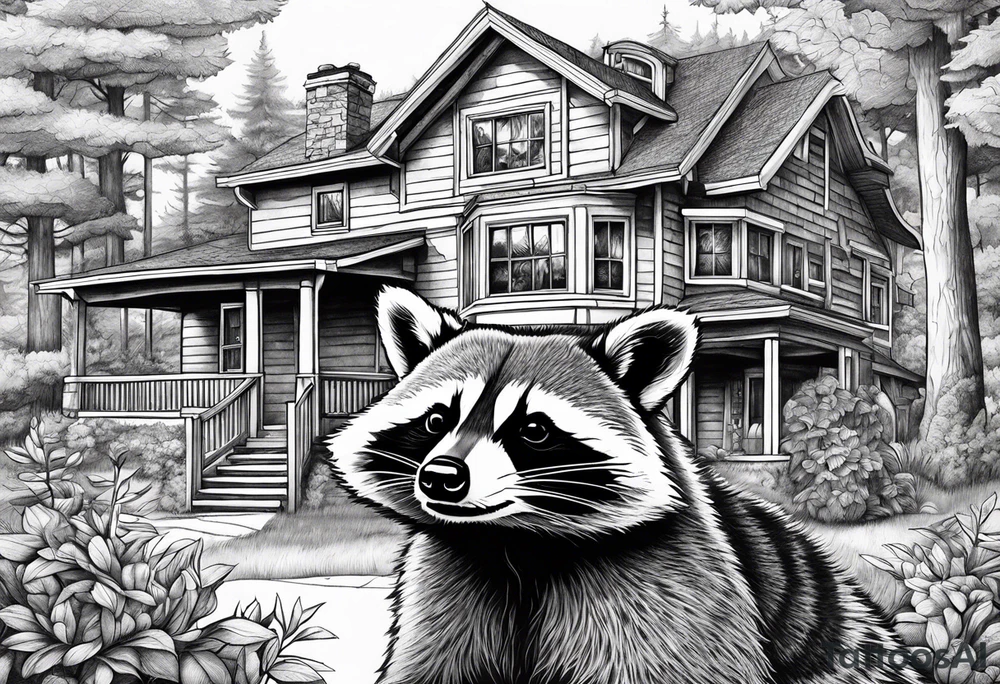 Hard working Raccoon Husband
Raccoon wife and Child in the Back
Background House and woods tattoo idea