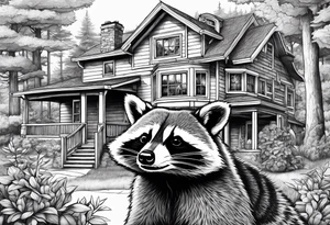 Hard working Raccoon Husband
Raccoon wife and Child in the Back 
Background House and woods tattoo idea