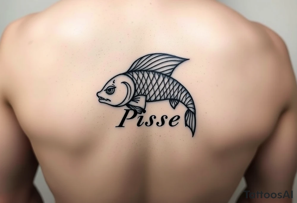 unique zodiac sign merging with the word “Pisces” tattoo idea