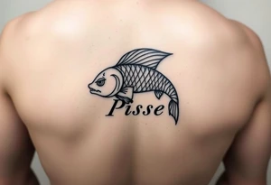 unique zodiac sign merging with the word “Pisces” tattoo idea