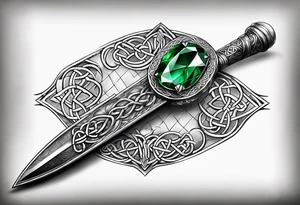 A Celtic athame dagger with the hilt turned upward and an emerald gemstone on the hilt not on the blade tattoo idea