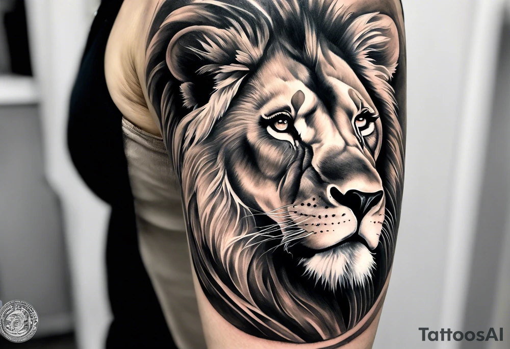 Full sleeve tattoo depicting a large lion with one blind eye with a scar going through the eye, protecting his lioness while they both also protect 6 lion cubs. Background should depict a safari scene tattoo idea