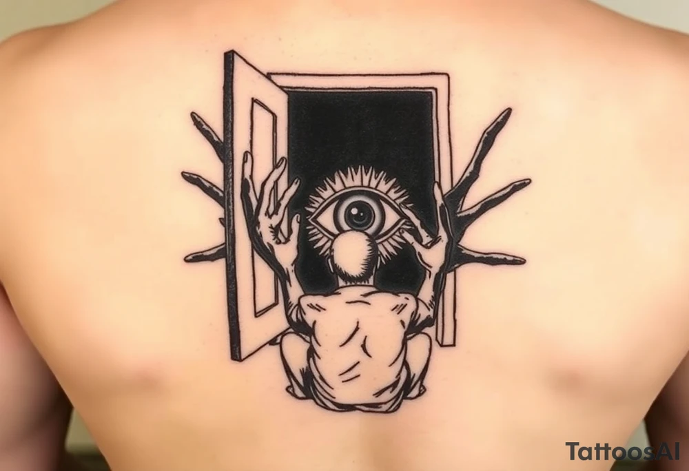 The truth sitting in front of a nearly fully opened door with the eye of god inside the door with all black around it and black hands starting to come out the door stretching to different places from full metal alchemist tattoo idea