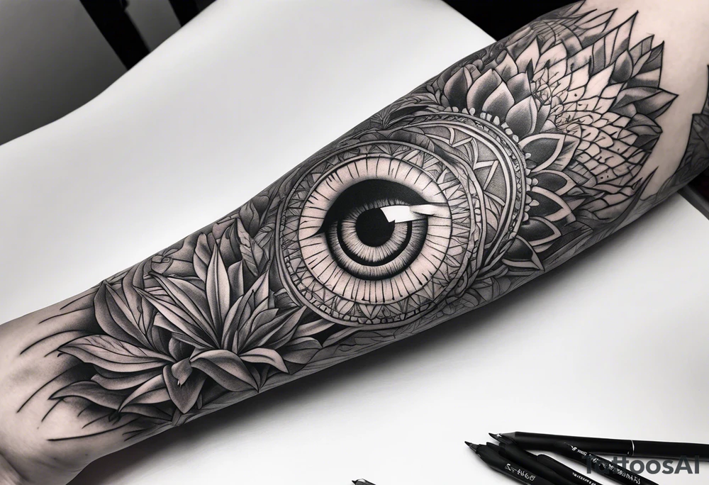 full arm sleeve, jungle plants, all-seeing eye tattoo idea