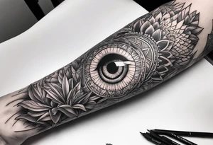 full arm sleeve, jungle plants, all-seeing eye tattoo idea