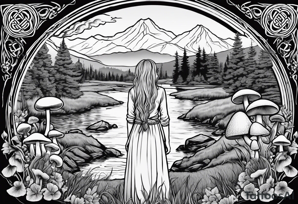 Whole picture encircled fully

Straight long blonde hair hippie girl in distance holding mushrooms in hand facing away toward mountains and creek surrounded by mushrooms long sleeve shirt and hiking pants; whole rendering within a full celtic circle border, no cut off circle tattoo idea