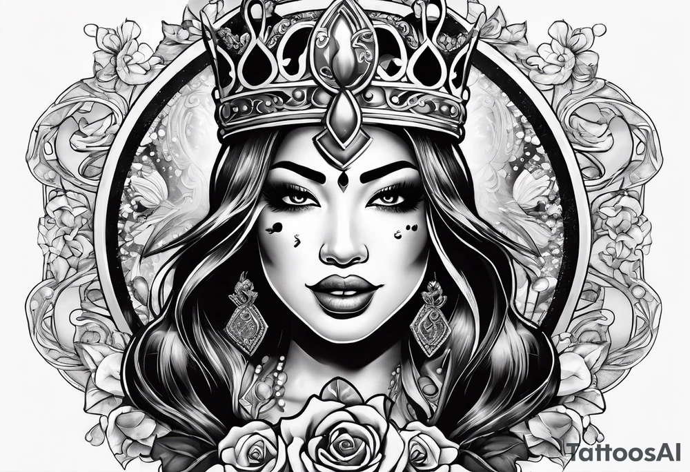 Latina Queen ahegao, drooling, happy, Spade Symbol with letter Q in the center of the spade framed, surrounded by whitespace tattoo idea