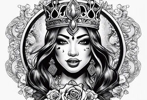 Latina Queen ahegao, drooling, happy, Spade Symbol with letter Q in the center of the spade framed, surrounded by whitespace tattoo idea