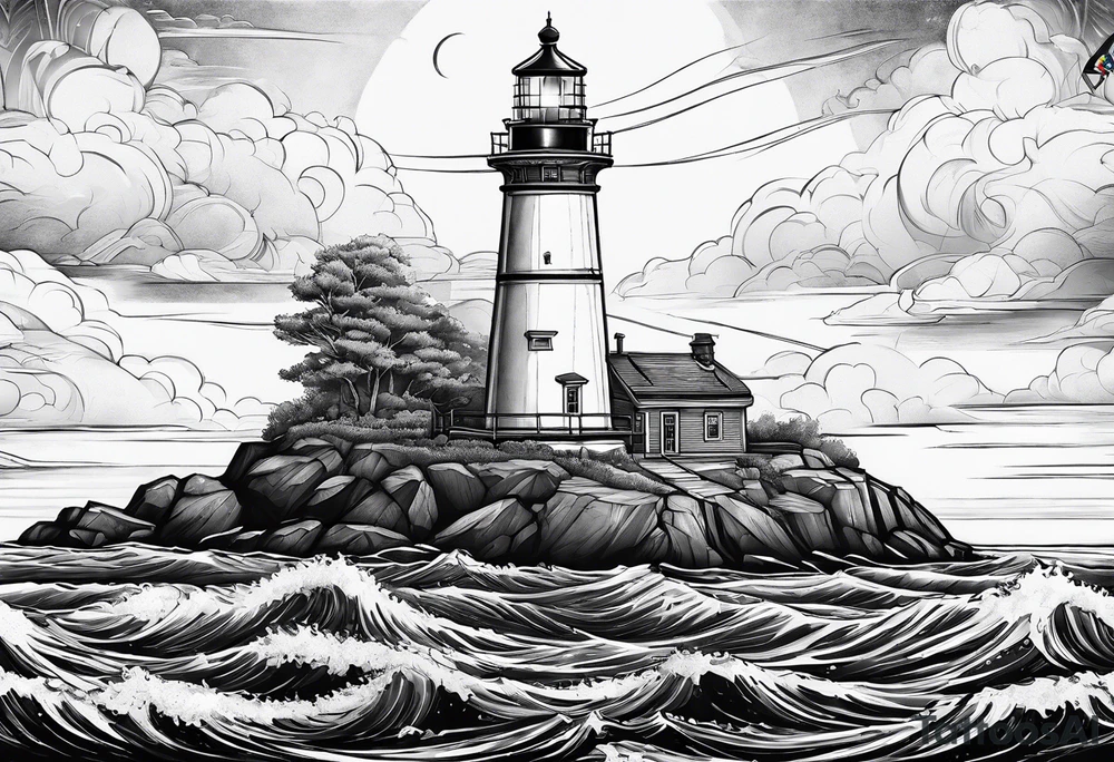 maritime lighthouse in a front view sailboat serving as a mast for a sail. tattoo idea