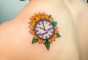 A soft watercolor sunflower wrapped around a clock with name "Vincent" and date "14. 09. 2015", symbolizing warmth and growth, in golden yellows, soft oranges, and green tattoo idea