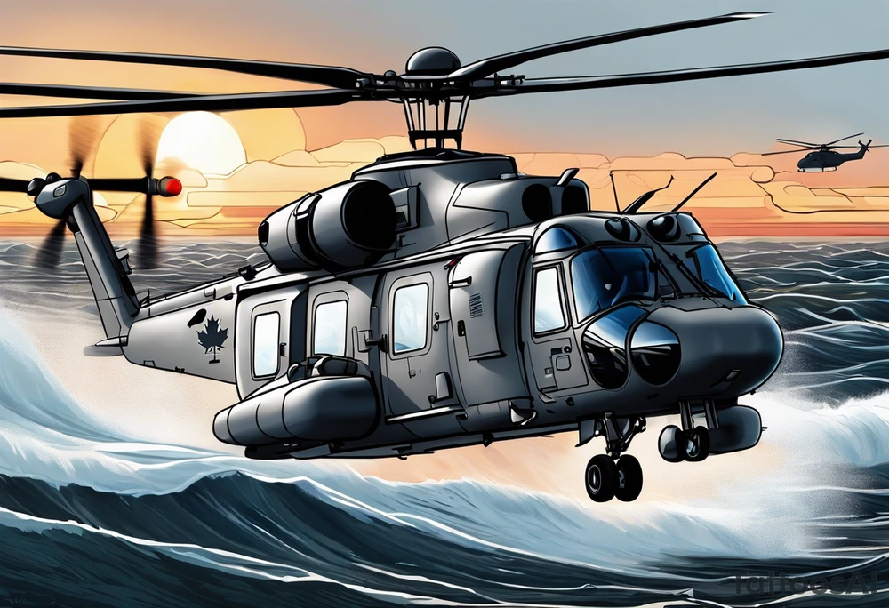 canadian military grey helicopter cyclone CH-148, a helicopter flying over rough water, Clear sky, sunset
, military art, ocean specular, highly detailed background, tattoo idea