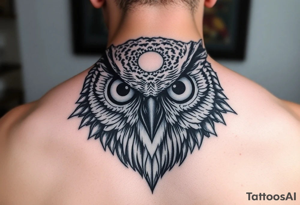 Owl head with large intense tripping on acid colored eyes without pupils, cyber style  and glowing circle on the forheadl tattoo idea