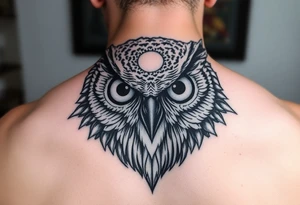 Owl head with large intense tripping on acid colored eyes without pupils, cyber style  and glowing circle on the forheadl tattoo idea
