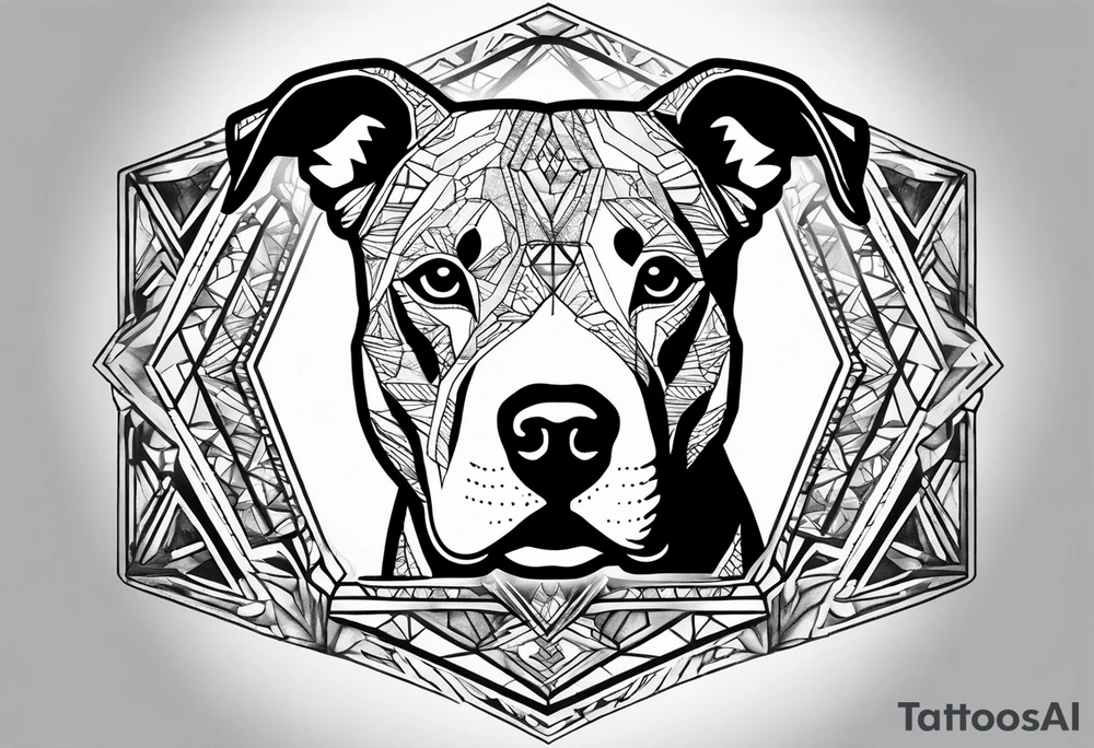 create a tattoo of a realistic pitbull dog in a diamond border. Add subtle trees around the background. tattoo idea