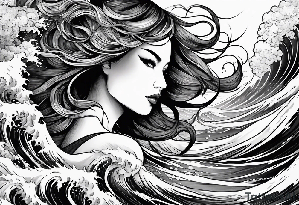 stormy sea waves, full-length woman in the middle of the storm tattoo idea