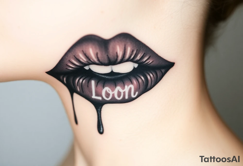 Seductive Stain from lipstick kiss with name lrs lowercase with drool black and white no teeth showing tattoo idea