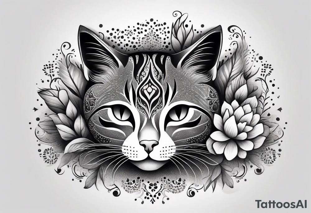 Illustrate a small tattoo of a tabby cat curled up, surrounded by gentle swirls or floral elements to enhance its cozy vibe tattoo idea