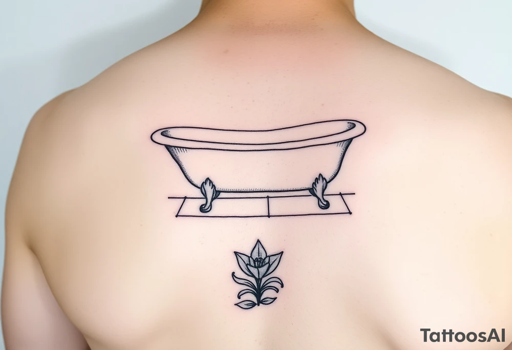 Clawfoot bathtub on tile floor with lily growing out of floor tattoo idea