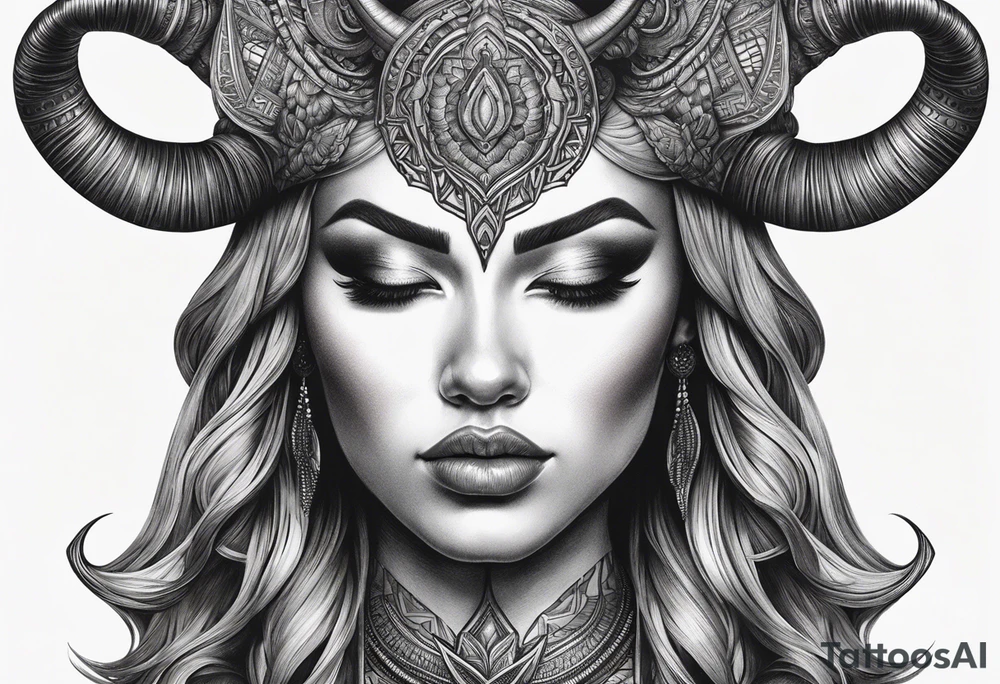 symmetrical woman head with curved horns facing downwards dark realism looking front facing view, ultra-detailed, high quality, high sharpness, hyper-realism, hyper-photorealistic, hyper-realistic tattoo idea