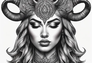 symmetrical woman head with curved horns facing downwards dark realism looking front facing view, ultra-detailed, high quality, high sharpness, hyper-realism, hyper-photorealistic, hyper-realistic tattoo idea