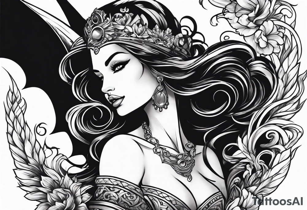 A black, female siren from a story book tattoo idea