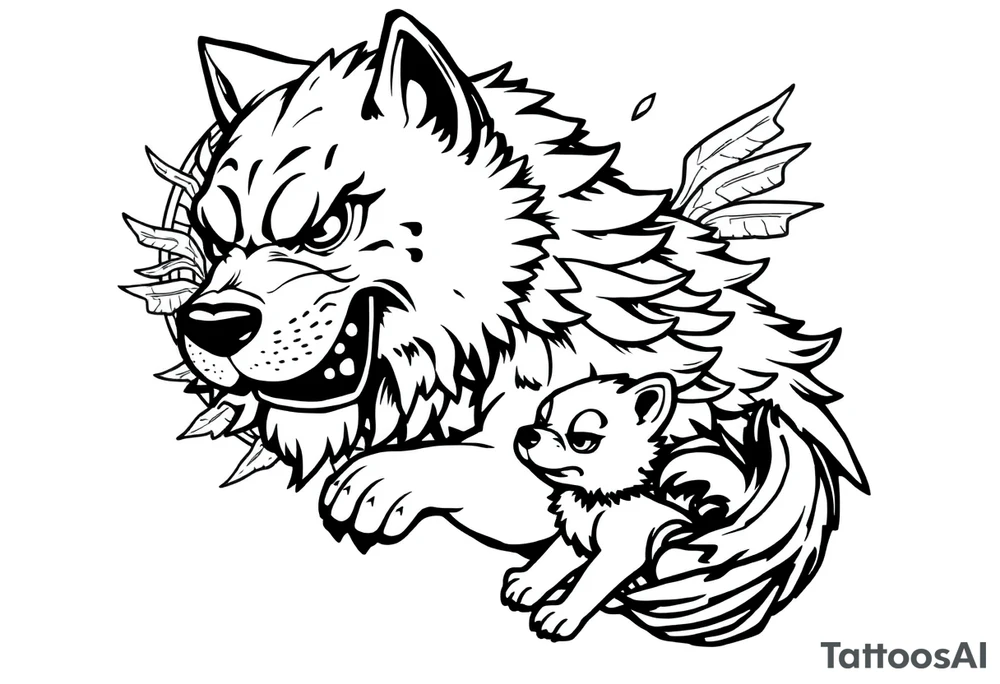 Japanese Fô dog with baby Fô dog under her paw with wind elements around tattoo idea