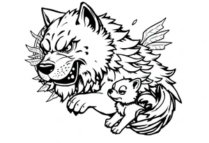 Japanese Fô dog with baby Fô dog under her paw with wind elements around tattoo idea