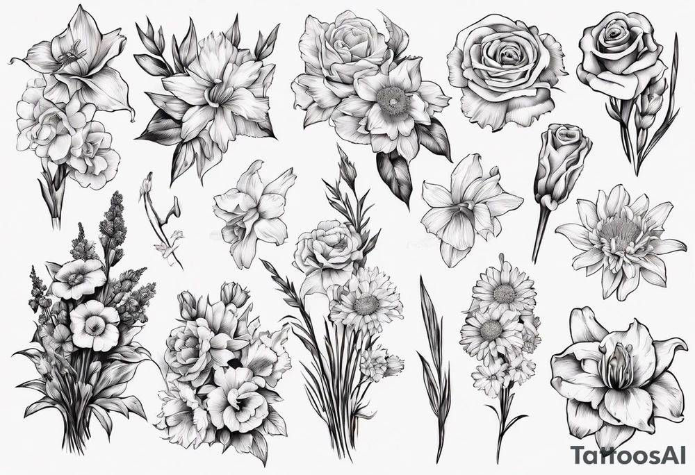 Flower bouquet with daffodil, rose, Larkspur, gladiolus, aster, marigold, chrysanthemum, narcissus tattoo idea