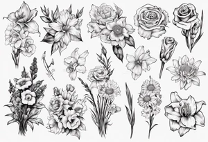 Flower bouquet with daffodil, rose, Larkspur, gladiolus, aster, marigold, chrysanthemum, narcissus tattoo idea