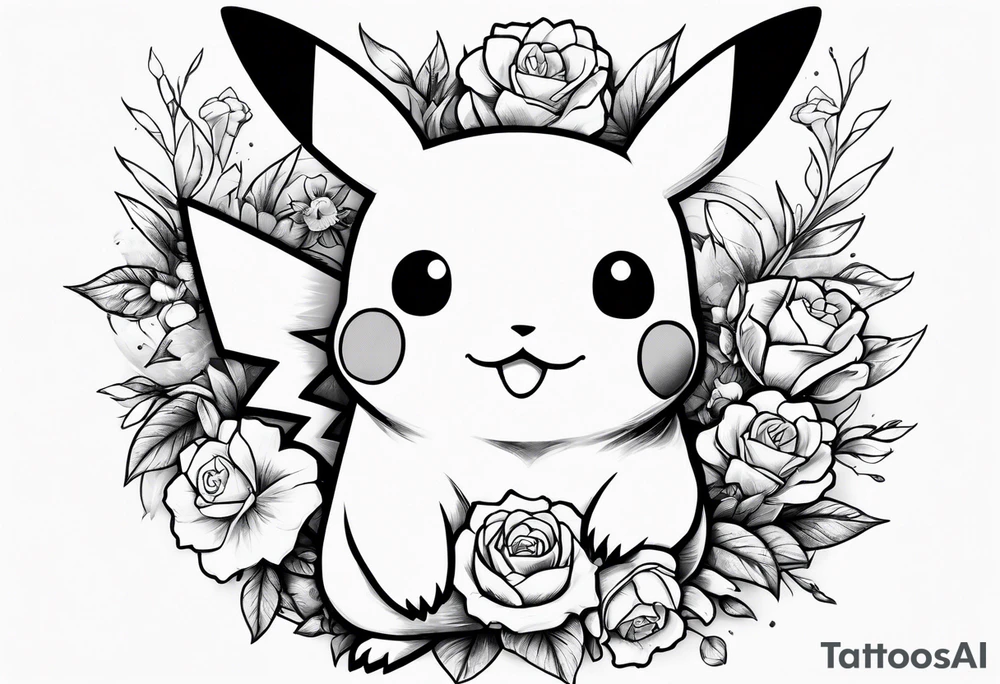 Pikachu Holding bouquet of flowers in front of him tattoo idea