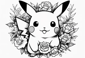 Pikachu Holding bouquet of flowers in front of him tattoo idea