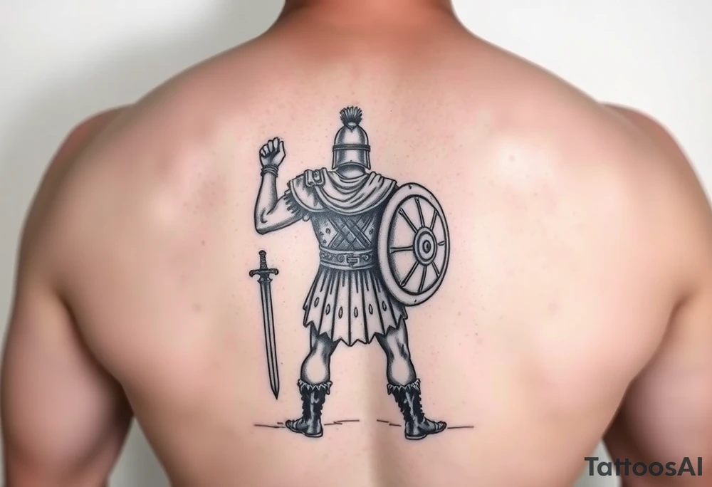 gladiator standing facing the arena short sword in hand shield in the other hand tattoo idea