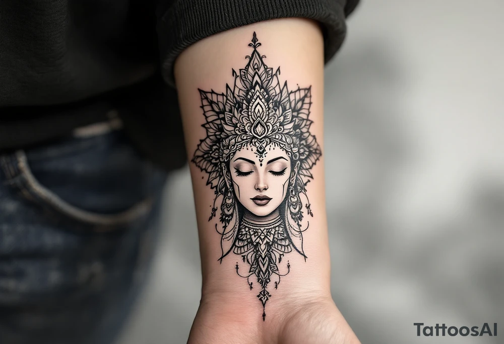 beautiful woman dmt deity with mandala fully behind head tattoo idea