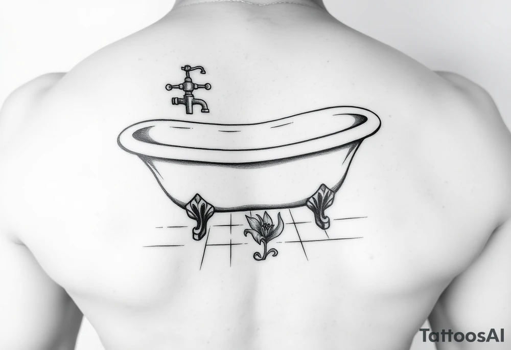 clawfoot bathtub with simple faucet and lily coming up out of the tile floor tattoo idea