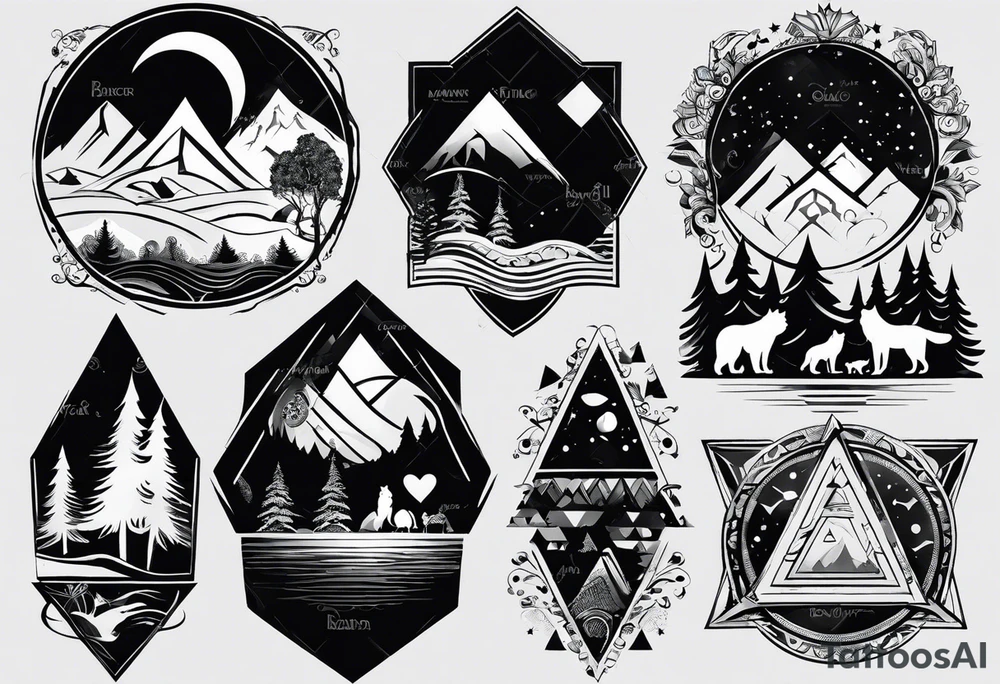 Full sleeve tattoo in black and white colore. The design should include space, stars, forest, sunset, mountains, cliffs, waterfall, water, ocean, wild animals (bear, wolves, elephant), and inserts of triangles and geometric figures. I have two children – a son, Sergei (the eldest), and a daughter, Anna, who live with me and my wife. But I also have another daughter, Marianna, whom I haven't seen for a long time and eagerly await to meet. The tattoo should symbolize love and protection for my children and family, the desire to secure their future, and confidence in tomorrow. It should reflect the notion of not looking back, but always moving forward and achieving goals! tattoo idea