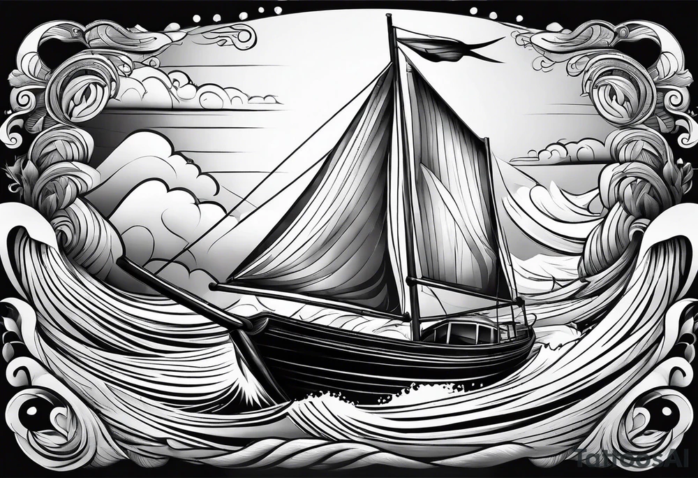 Hula girl on a sailboat with waves tattoo idea