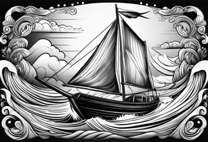 Hula girl on a sailboat with waves tattoo idea