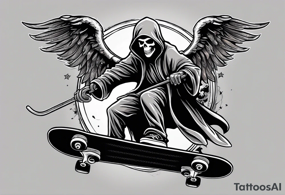 the grim reaper riding a skateboard with an angel halo above his head tattoo idea