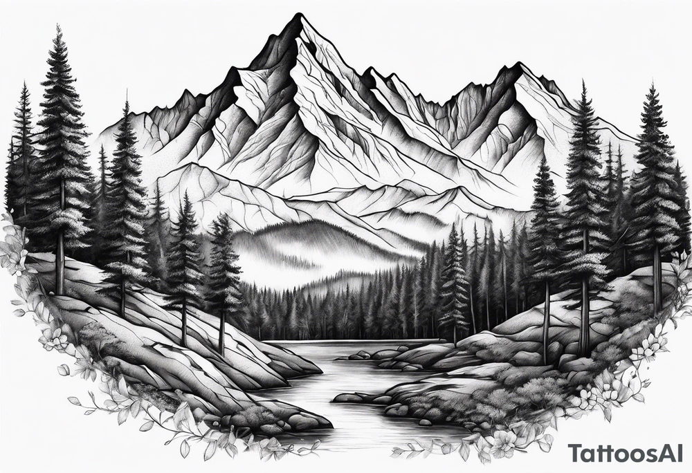 Mountains valley trees tattoo idea
