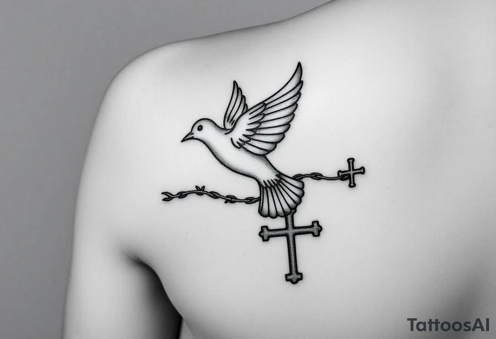 i have a front arm tat with a small dove at the front of the above the wrist and thorns covering through the wrist like a bracelet and prayer beads all throughout the words that say you never know how strong you are until being strong is the only choice you have and a cross on the side of the dove and theres also a dove rat the baxck of thee arm right near the elbow a bigger dove and theres a biggert cross right by that dover too make a tatoo of that and the cross isnt normal its super unique looking and has that cool look too it and detailed tattoo idea