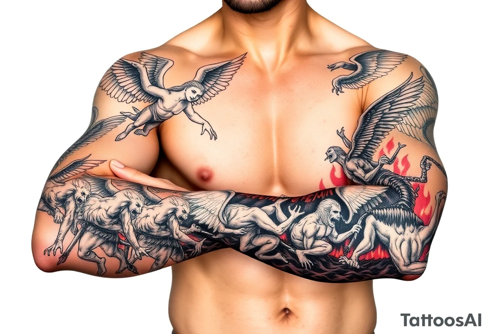 Heaven’s angels fighting hells demons. Angels flying and demons climbing up out of hell tattoo idea