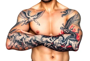 Heaven’s angels fighting hells demons. Angels flying and demons climbing up out of hell tattoo idea