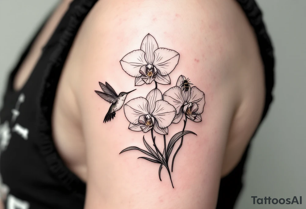 A delicate, black and white fine-line tattoo for male, featuring gracefully detailed 2 orchids in full bloom including their stems, with soft, intricate petals and elegant curves. Beside it, a hummingbird hovers mid-flight, its wings drawn with subtle motion lines, its slender beak reaching toward the orchid’s center to drink its nectar. on the other flower there is a bee that is resting tattoo idea