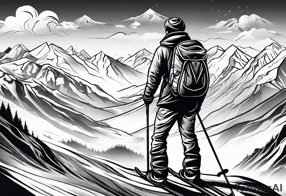 Ski god with clouds and mountains simple tattoo idea