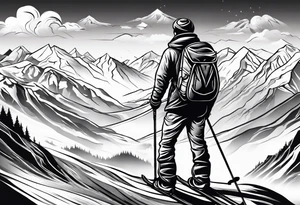 Ski god with clouds and mountains simple tattoo idea