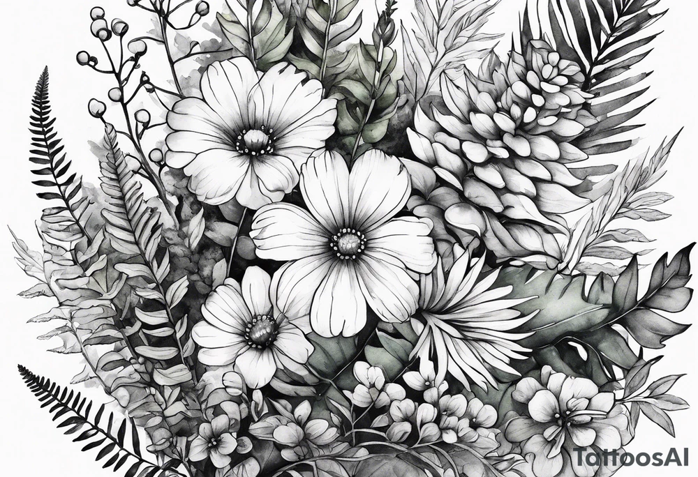 Handful of wild flowers with ferns all watercolor tattoo idea