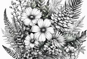 Handful of wild flowers with ferns all watercolor tattoo idea